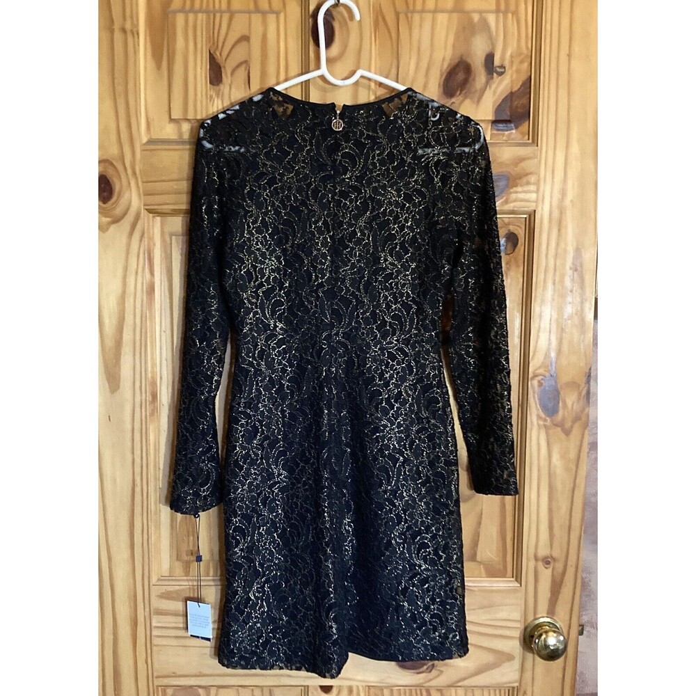 Tommy Hilfiger Womens Black Gold Metallic Lace A Line Long Sleeve Sz 2 Dress NWT - Picture 3 of 9